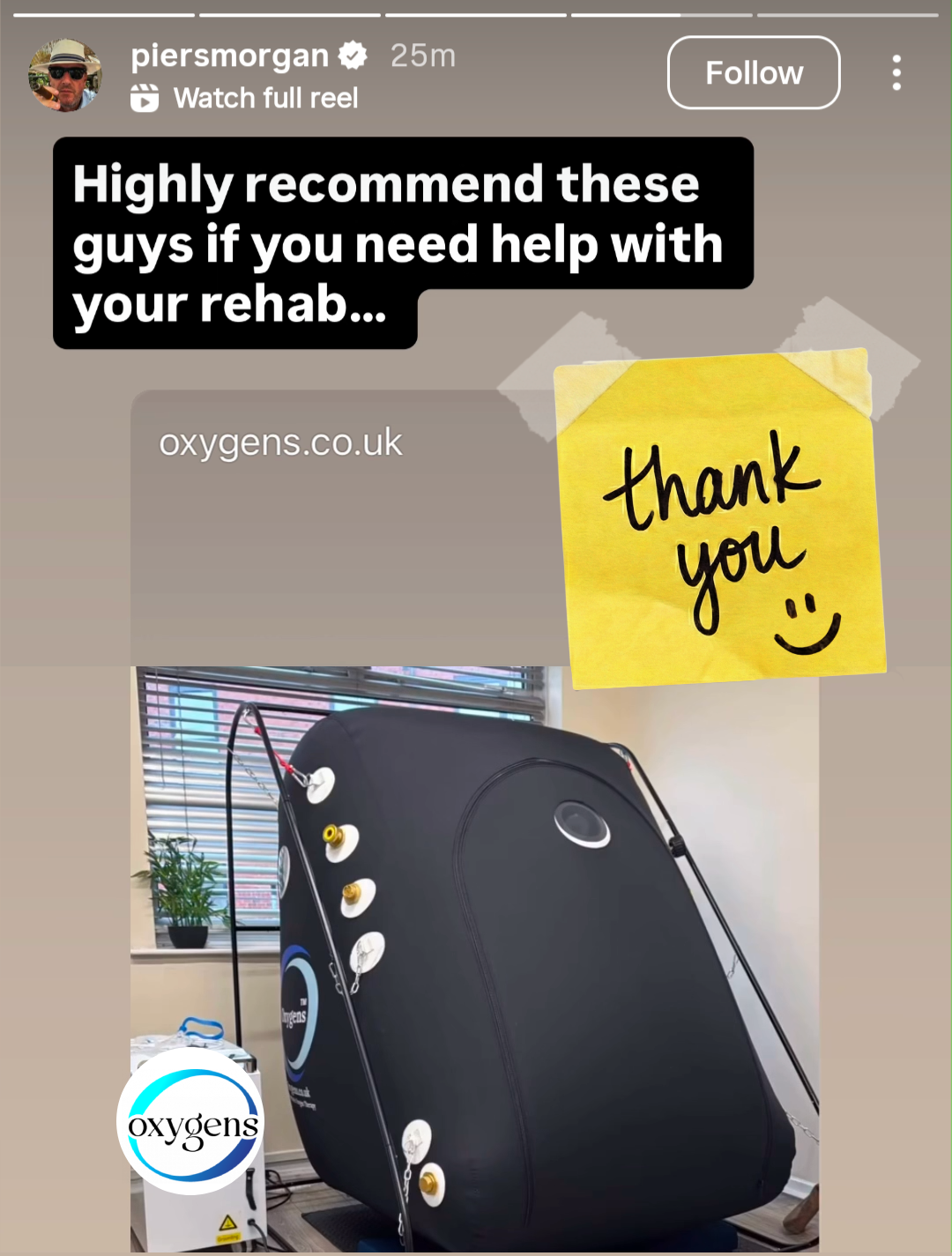 Piers Morgan using an Oxygens Comfort XL hyperbaric chamber