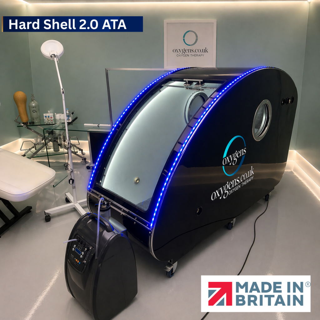 UK-built hard shell hyperbaric chamber by Oxygens with advanced monitoring system in clinic environment