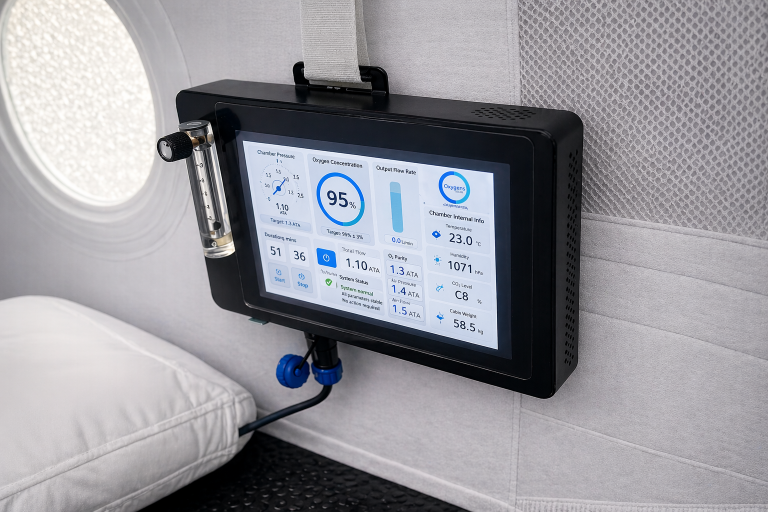 Internal control screen and padded interior of an Oxygens hyperbaric chamber
