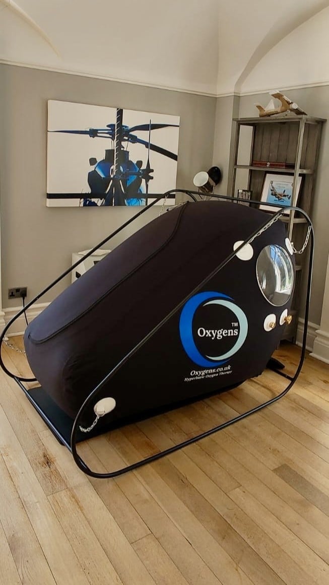 Oxygens 1.5 ATA Sit-Up hyperbaric chamber with internal LCD display installed in a Midlands home