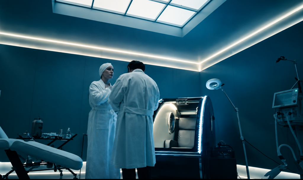 Kate Winslet with an Oxygens hyperbaric chamber in HBO's The Regime