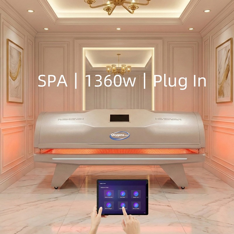 Vita Force Red Essential 1360 W red light bed with touchscreen and tablet controls in a spa setting