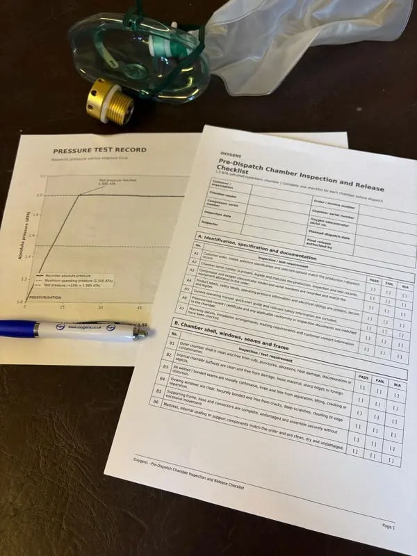 Oxygens pressure-test record and pre-dispatch chamber inspection documentation