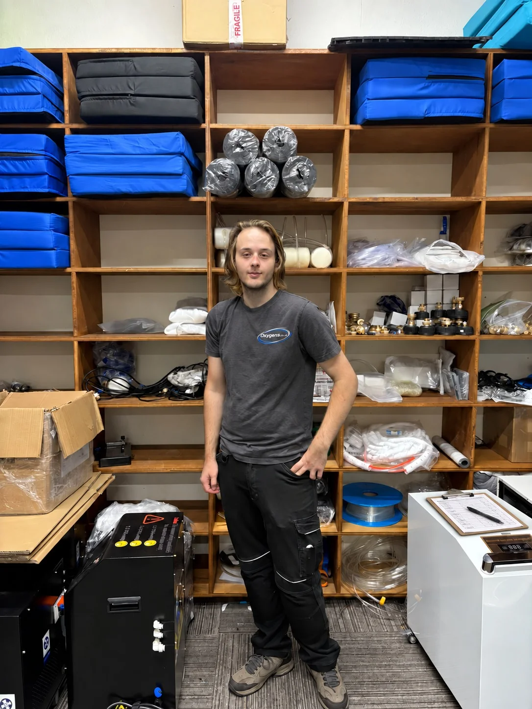 Oxygens engineer preparing hyperbaric chamber equipment at the West Midlands facility
